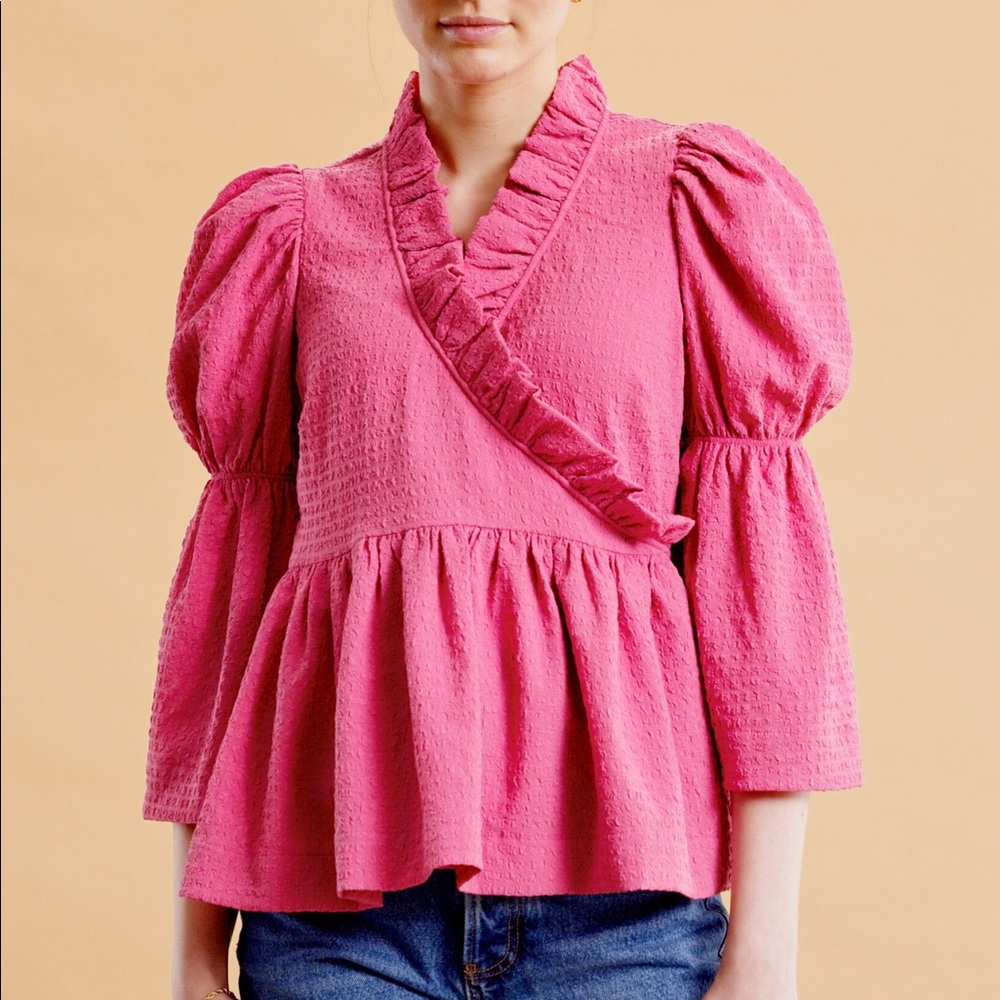 NWT byTimo Bubble Wrap Tie Front Ruffle Blouse in Pink Size XS